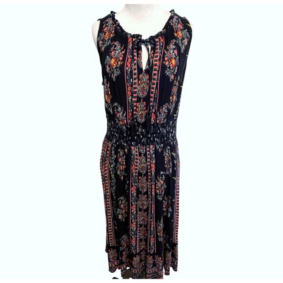 BILA Boho Midi Dress Womens Large Navy Floral Smocked Tasseled Peasant Folk - Picture 2 of 11